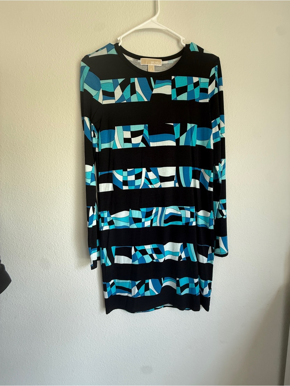 Michael Kors Black Dress with Aqua and Teal Geometric Stripe